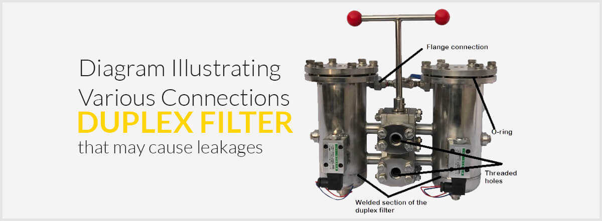A diagram illustrating various connections on a duplex filter that may cause leakages