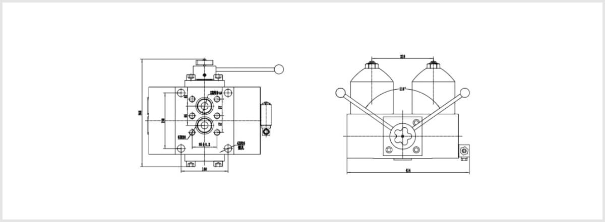 This is a technical drawing of a high pressure duplex filter