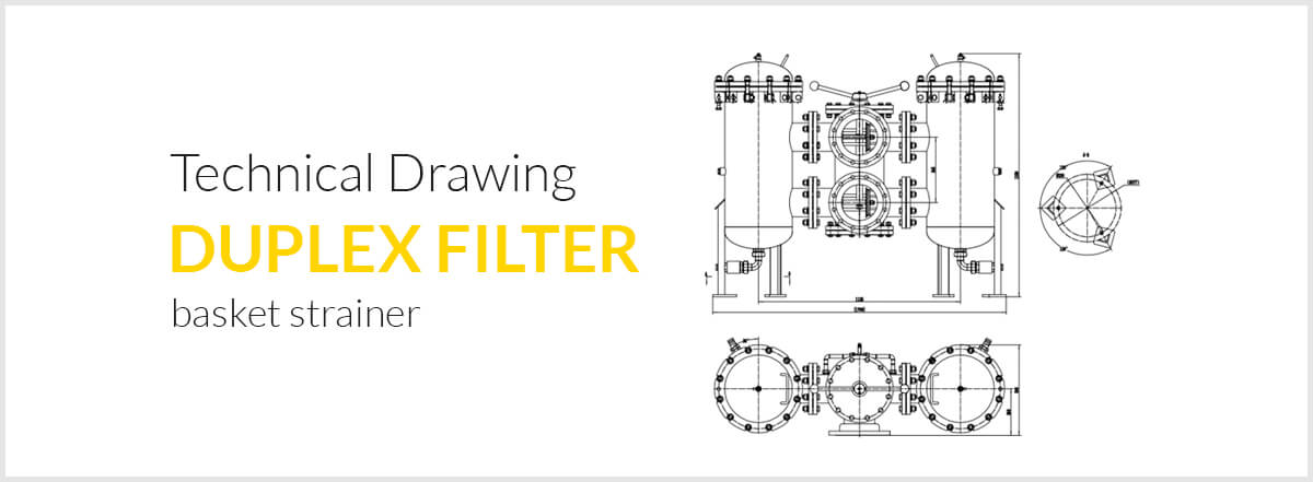 A technical drawing of a duplex basket strainer